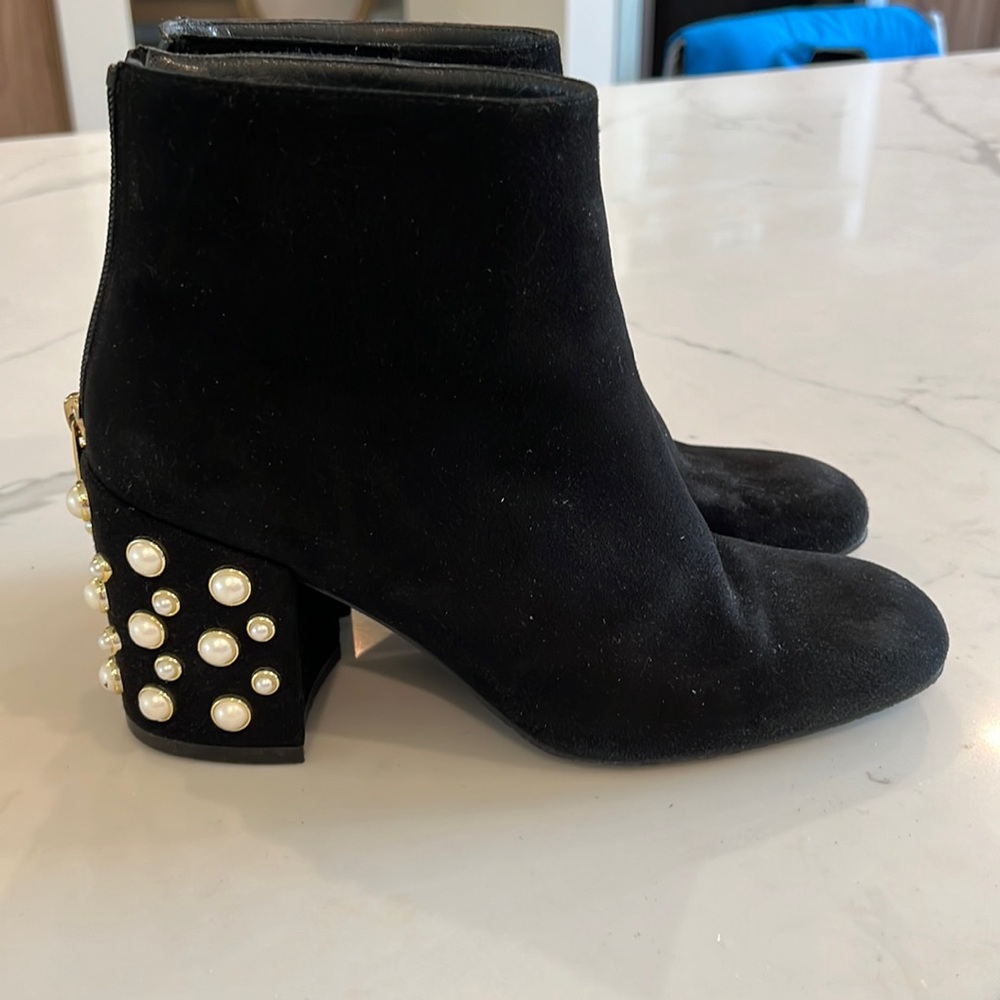 Stuart Weitzman black suede ankle boots with white pearls